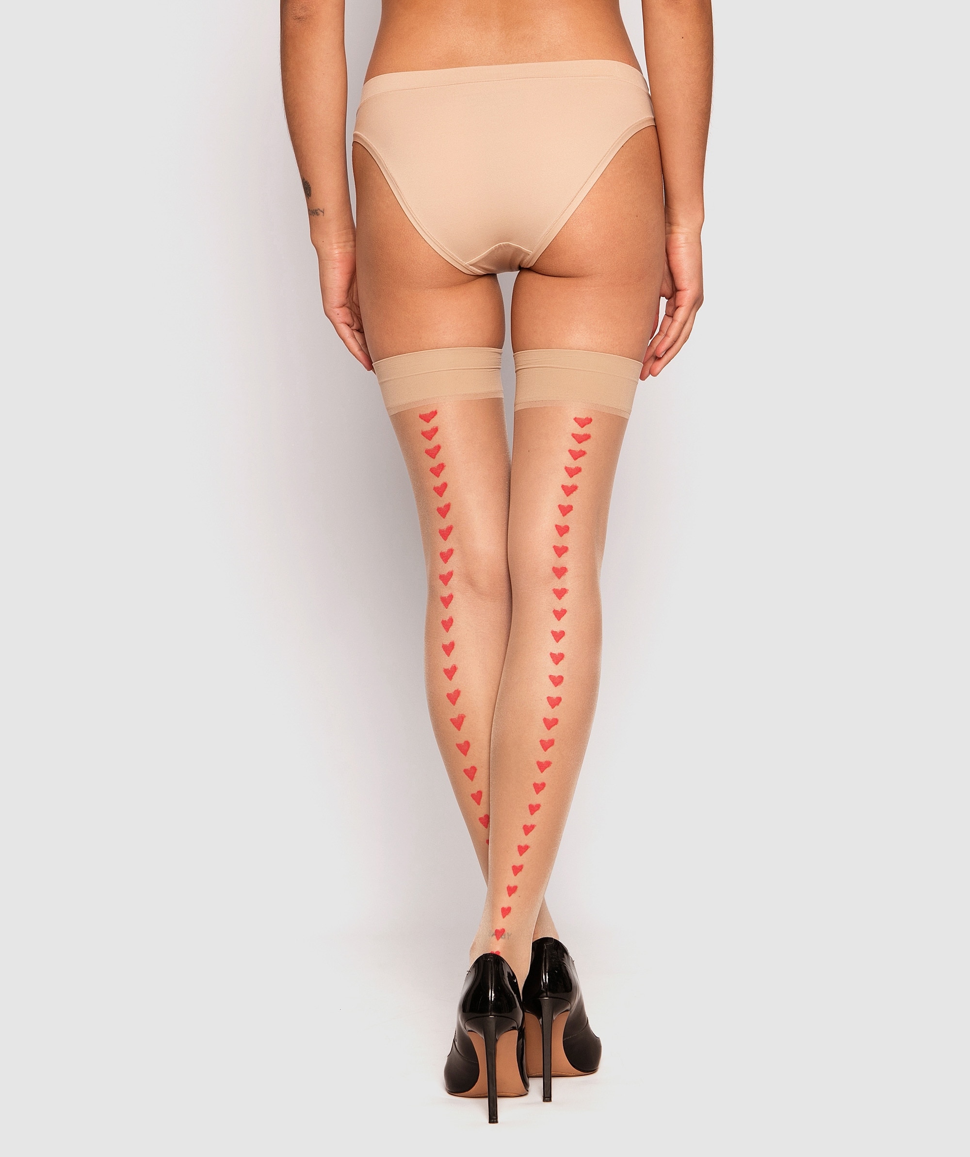 Heart Smooth Top Stay Up Stockings - Nude/Red