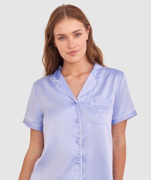 Liquid Satin Short Sleeve Shirt - Pale Blue/Embro