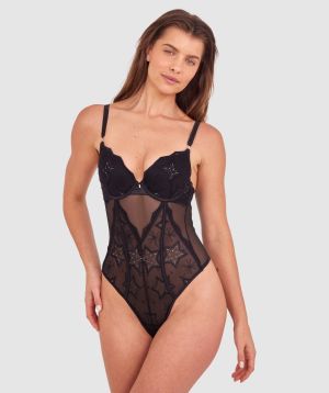 Dua Push Up Plunge Dentele Bodysuit - Black