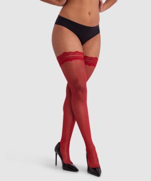 Lace Top Stay Up Stockings-Dark Red