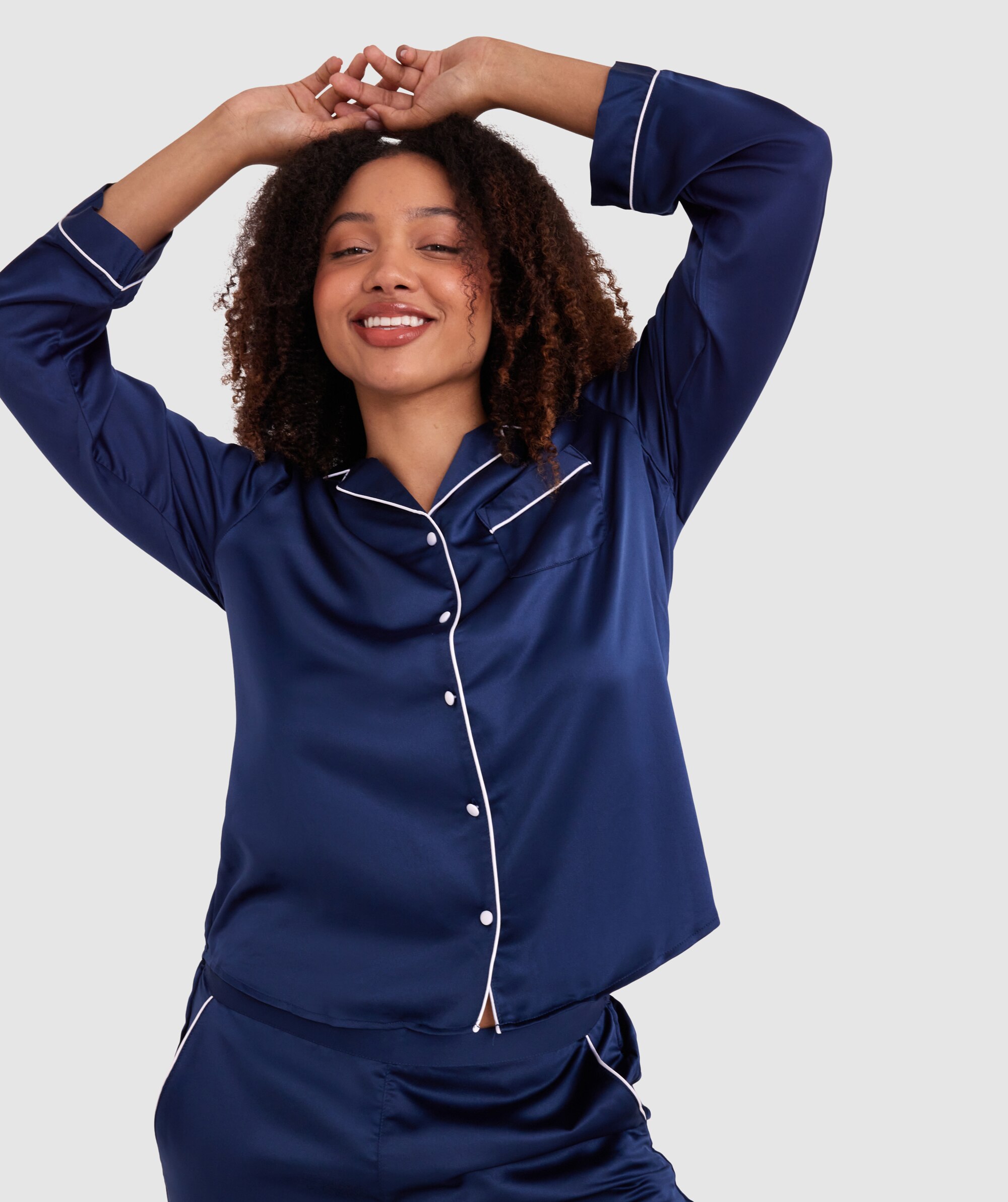 Bras N Things Liquid Satin Long Sleeve Top Navy 01344602